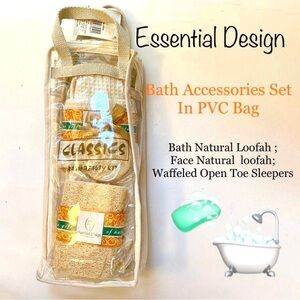 🛀 Bath Accessories Set in PVC Bag Slippers Loofah Guess Bathroom